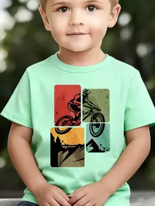 Boys' Summer Breathable & Comfortable "Retro Riding Silhouette 4-Grid Collage" Cartoon Print (3-12Y) Casual Sports T-Shirt