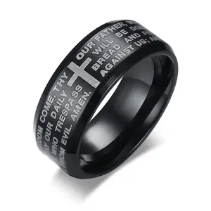 Engraved Bible Cross Ring for Men 1 Color Option Stainless Steel Stylish Prayer Male Jewelry US Size #8- #13
