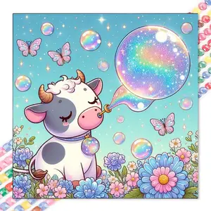 5D DIY Full Drill Round Diamond Painting Kit - Little Cow, Bubbles Mosaic Canvas DIY Wall Art, Home Wall Decoration, Animals