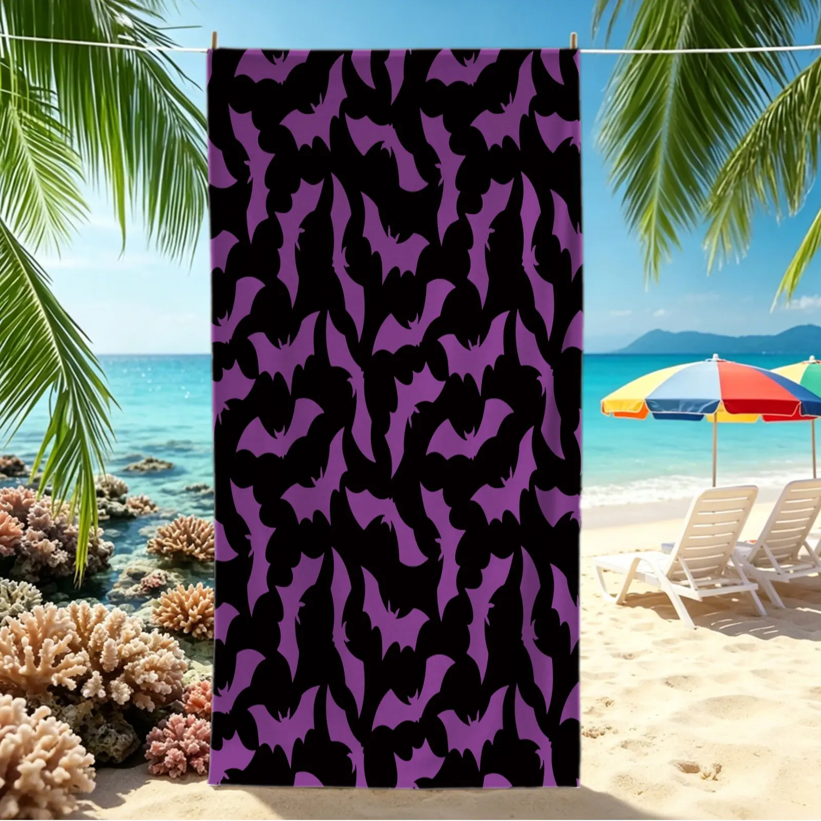 Bat Print Beach Towel, Oversized Quick Dry Pool Towel, Swim Towels, Lightweight Absorbent Camping Towel, Multi-Use Bath Towel Blanket, Gothic Spooky Sand-Free Towel for Teens Adults, Travel, Swim, Beach, Summer Outdoor Activities
