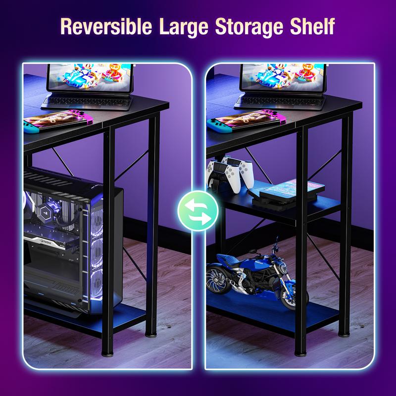 48 inch Gaming Desk with LED Lights & Power Outlets, Computer Desk with Monitor Stand & Storage Shelves, CPU Stand, Home Office Desk