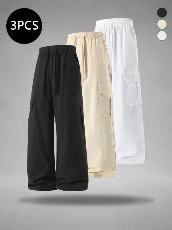 Men’s cargo sweatpants with pockets, made of cotton; wide-leg, loose-fit joggers for outdoor sports, running, and casual wear; long pants with a relaxed silhouette; loose-fit sport pants; casual loose pants; versatile, easy to match.