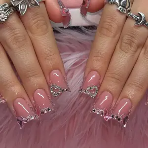 Zebra French Tips Press on Nails Medium Duck False Nails with Rhinestones Hearts Charm Design Glossy Skin Tones Fake Nails Gold Star Stick on Nail Summer Glue on Nail for Women Girls Manicure 24Pcs