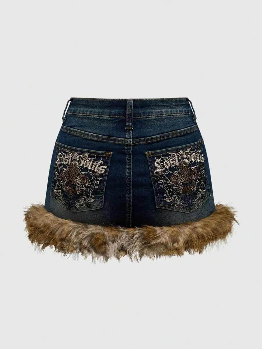 KOOZ Fairycore Plus Size Leopard Print Embroidery And Rhinestone Patchwork Fluffy Denim Mini Skirt
