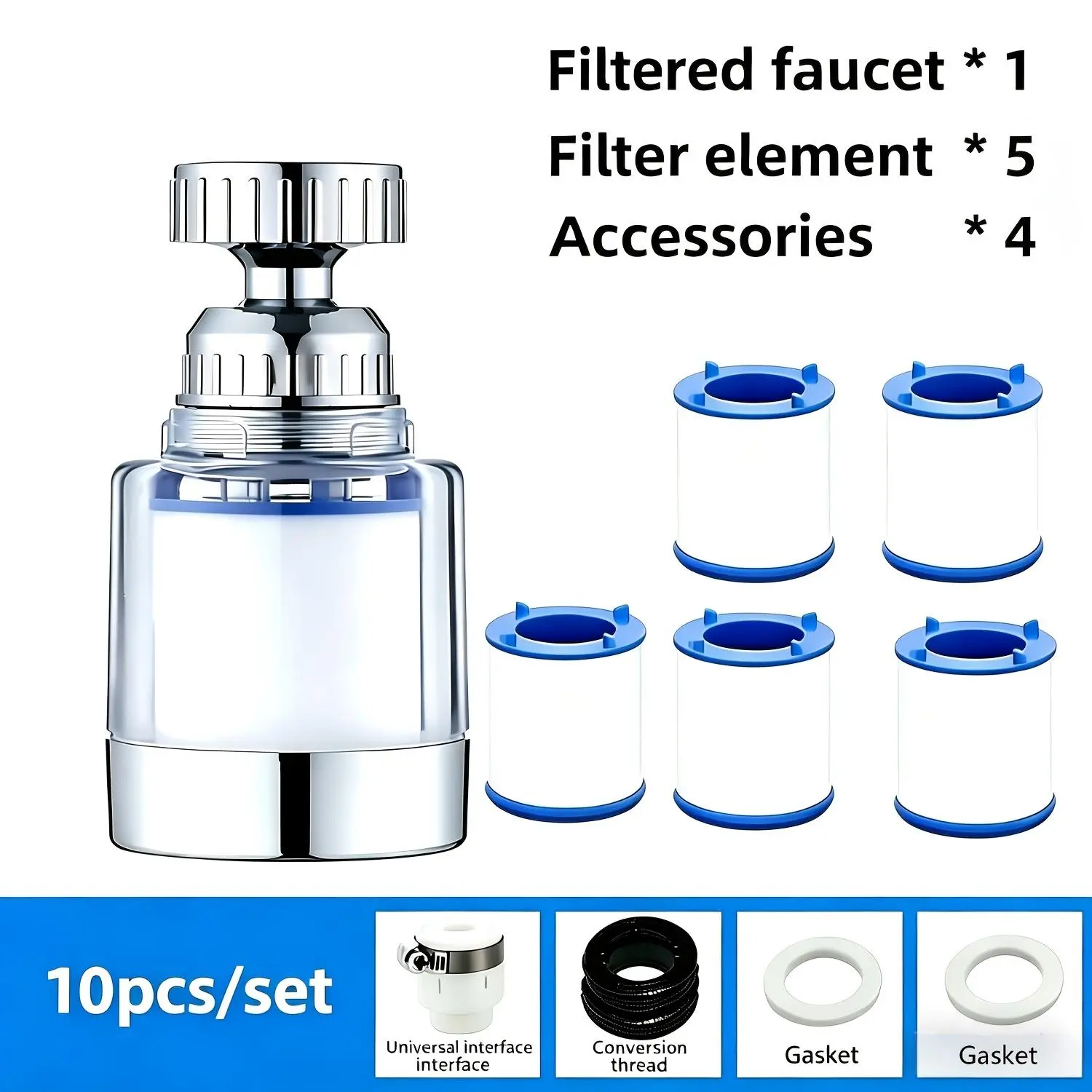 10Pcs Faucet Water Filter Complete Kit, 1 Tap Filter + 5 Replaceable Filter Cartridges + 4 Auxiliary Accessories, Household Tap Water Filtration System for Home, Hotel & Commercial Mall Use
