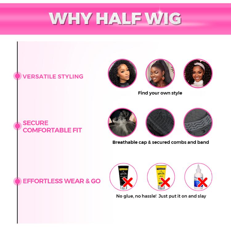 CurlyMe Invisible Hairline Kinky Straight & Afro Kinky Curly Half Wig Easy Wear Go Glueless Human Hair Wigs With Drawstring Beginner Friendly