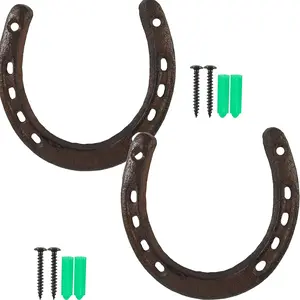 2PCS Cast Iron Horseshoe, for Good Lucky, Durable Cast Iron Medium Horseshoe 5 Holes On Each Side for Wall Hung(Dark Brown)