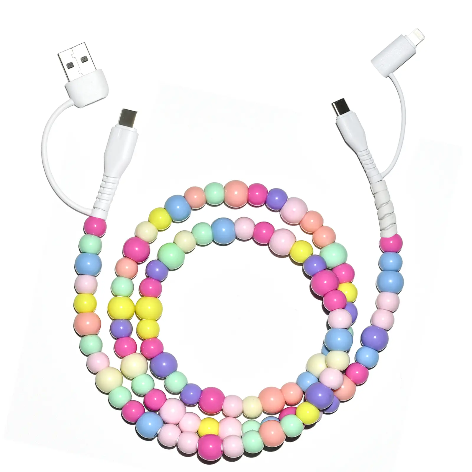 USB C Cable 4 in 1 Multi Beaded for iPhone Charger Cord MFi Certified 3.3FT Fast Charging Cable 66W Chubby USB A Type C IOS Cable Compatible with iPhone 18 17 16 15 14 Pro Max/iPad/Galaxy S25 Colored Port Sync portable charger 4 1 charging cable Adapter