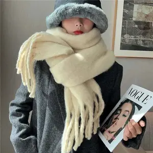 Premium Unisex Cashmere Winter Scarf: Thickened Warm Shawl with Classic Tassels and Fluffy Texture in Elegant Solid Colors