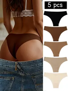 Women's Low Waist Fitted Plain Comfortable Breathable Casual Set, 5-Pack Seamless Elegant Style, All Seasons Wear