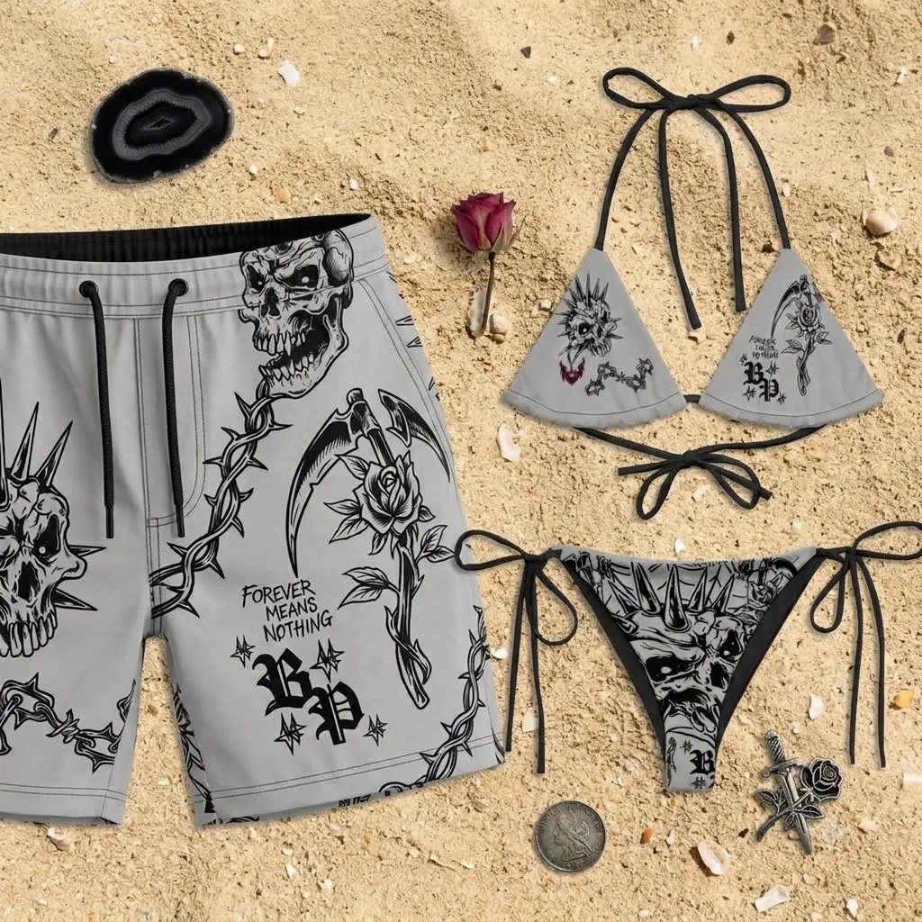 Gothic Skull Rose Thorn Matching Couple Swimwear Set, Women’s Triangle String Bikini Top and Tie Side Bottom with Men’s Swim Trunks, Alternative Tattoo Art Summer Beach Outfit, Honeymoon Pool Party Gift for Couples, Husband and Wife