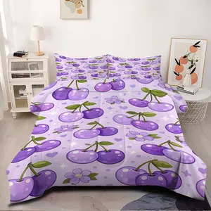 3Pcs Cute Lavender Cherry & Floral Fitted Sheet Set, Adorable Purple Cherries with Flowers & Hearts Pattern, Soft and Cozy Bedding for a Whimsical Bedroom, Perfect for Dreamy Night Sleep! Includes 2 Pillowcases, No Pillow Core, Floral Sheets
