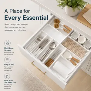 Expandable Drawer Organizer for Kitchen Utensils, Adjustable White Cutlery Tray with Custom Compartments, Space-Saving Silverware Organizer for Neat Kitchen, Office & Vanity Drawers