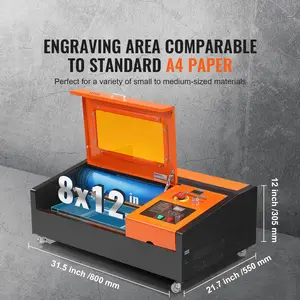 VEVOR 40W Desktop CO2 Laser Engraver, 12 x 8 in, 11.8 IPS Laser Cutter Machine with Water-Cooled Laser Tube, Compatible with CorelDRAW, Windows XP 7 8 10, EMF, JPG, PLT, WMF, for Wood Acrylic Fabric