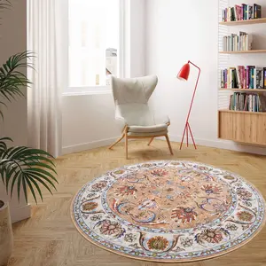 Machine Washable Non-Slip Round Rug, Vintage Floral Distressed Faux Cashmere Carpet , 4x4 5x5 ft for Living Room Bedroom Dining Room Home Office Farmhouse,Khaki