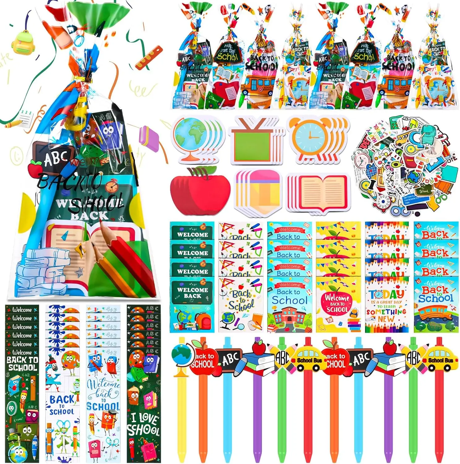 194 Pcs Back to School Stationery Set for Students First Day of School Essentials Includes Gift Bags Notebook Sticker Ballpoint Pen Bookmark for Classroom Gifts Rewards Prize Favors Supplies