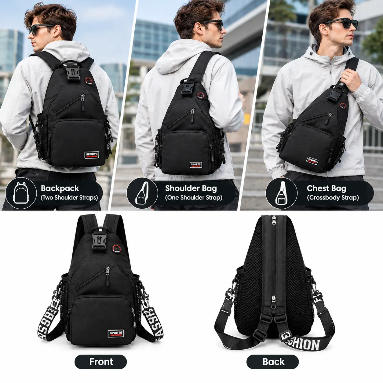 Men Women 3 in 1 Waterproof Crossbody Bag Multifunctional Chest Zipper Cell Phone Sling Bag Chest Daypack Crossbody Backpack Travel Sports Hiking Christmas Gift