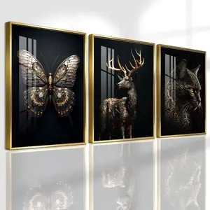 3 Counts Aluminum Alloy Framed Painting, Golden Black Butterfly Deer And Cat Pictures, Home Decoration For Living Room, Bedroom, Office, Restaurant, Hallway Wall Decor, Odorless Print Artwork, Luxury Perfect Gift For Friends And Family