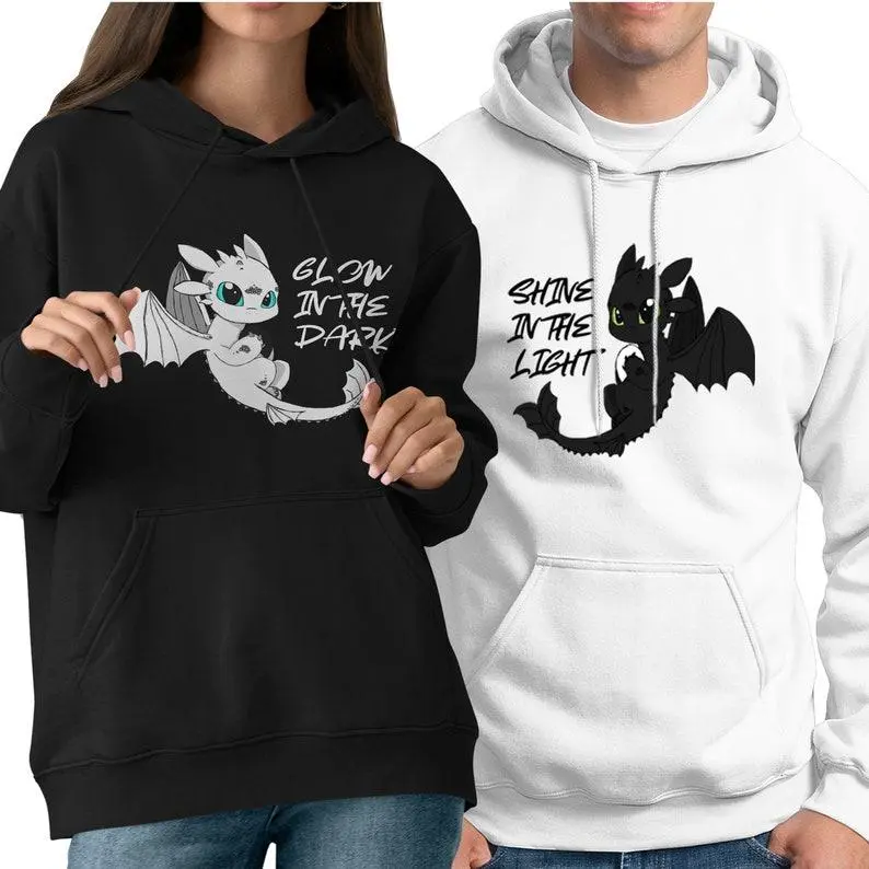 Glow in the dark, Shine in the Light, Toothless and Light Fury Couple Hoodie, Toothless Couple Dragon Hoodies Matching Hoodie Items Anniversary Gift for Her, Him, Valentine's day gift Cotton Womenswear