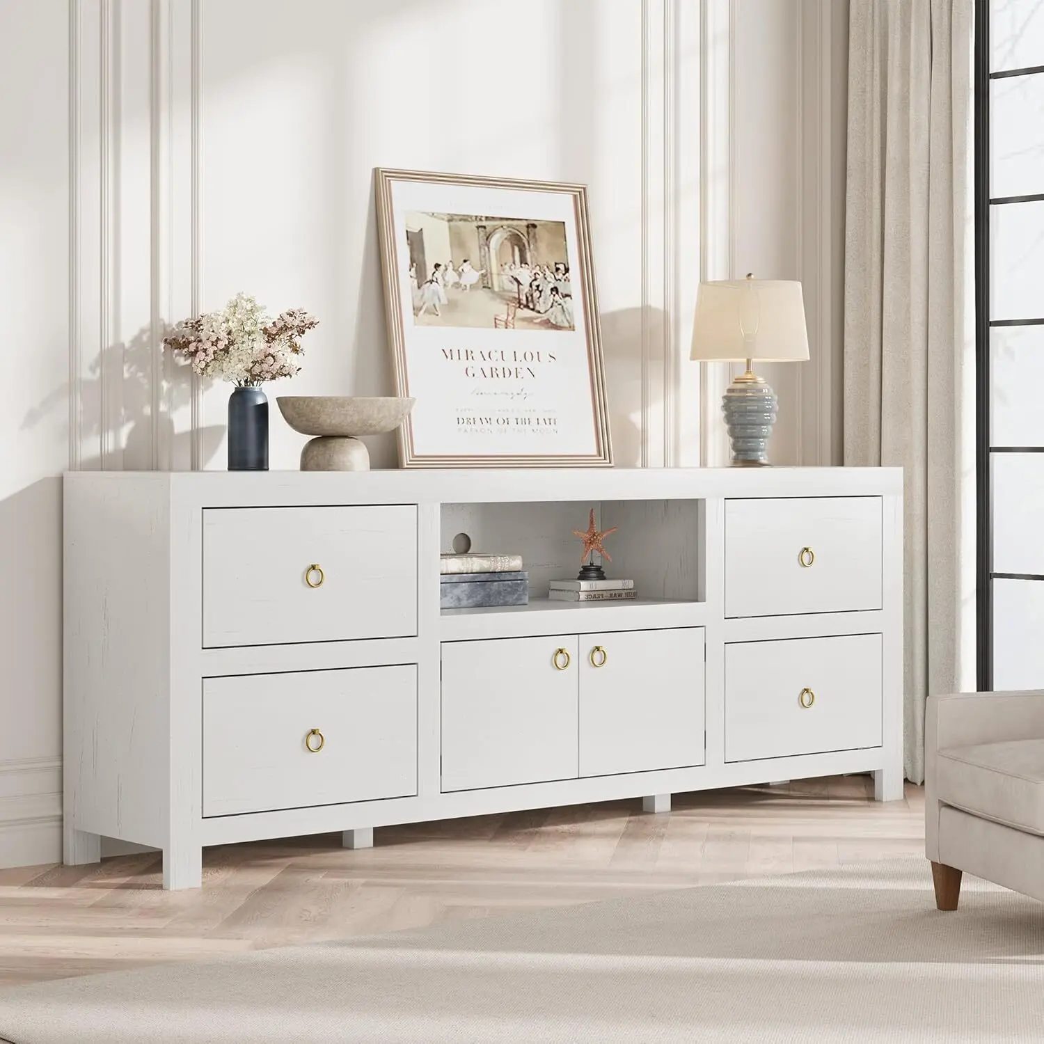 Farmhouse TV Stand for 75/80 Inch TVs Long Entertainment Center with 6 Storage Drawers Soundbar Shelf White Television Consoles Stands for Living Room Bedroom