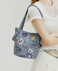 Line-drawn dog graffiti basket bucket bag, large capacity, casual denim shoulder and crossbody bag, gift