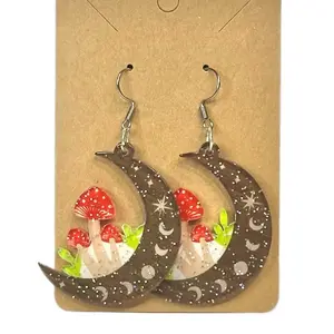 Enchanted Moon Earrings with Red Mushrooms and Celestial Accents Handcrafted for Unique Style