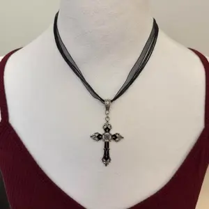 Cross Pendant on Adjustable Black Ribbon Necklace - Gothic Jewelry for Women Men Unisex