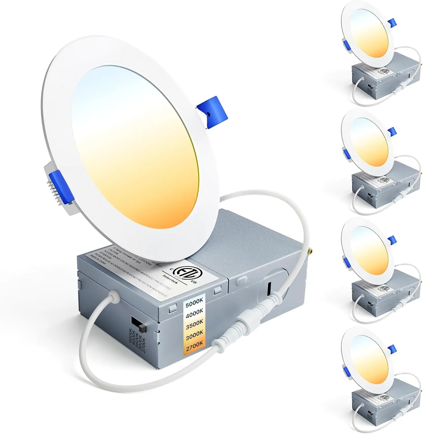 4 Pack 4 Inch LED Recessed Light, 5CCT Dimmable Canless Wafer |   2700K-5000K Selectable, 5%-100% Dimmable, 750LM 9W 120V, IC & Damp Rated, ETL & FCC & UL Certified, 50000h Life Span