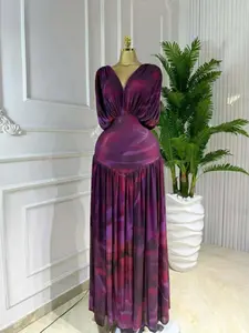 QFAF Women's Tie-Dye Print V-Neck Batwing Short Sleeve Maxi Dress, Elegant Fit Dress, Autumn Winter Birthday Party Vacation Gown, Sexy Evening Dress, Pleated A-line Floor Length Dresses