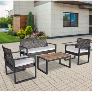 Outdoor Patio Furniture Set, 4 Piece Rattan Chairs with Coffe Table for Backyard, Balcony, Deck, Front Porch, Patio Conversation Seating Sets for Outside, Morden Brown and Beige Cushion(Brown)