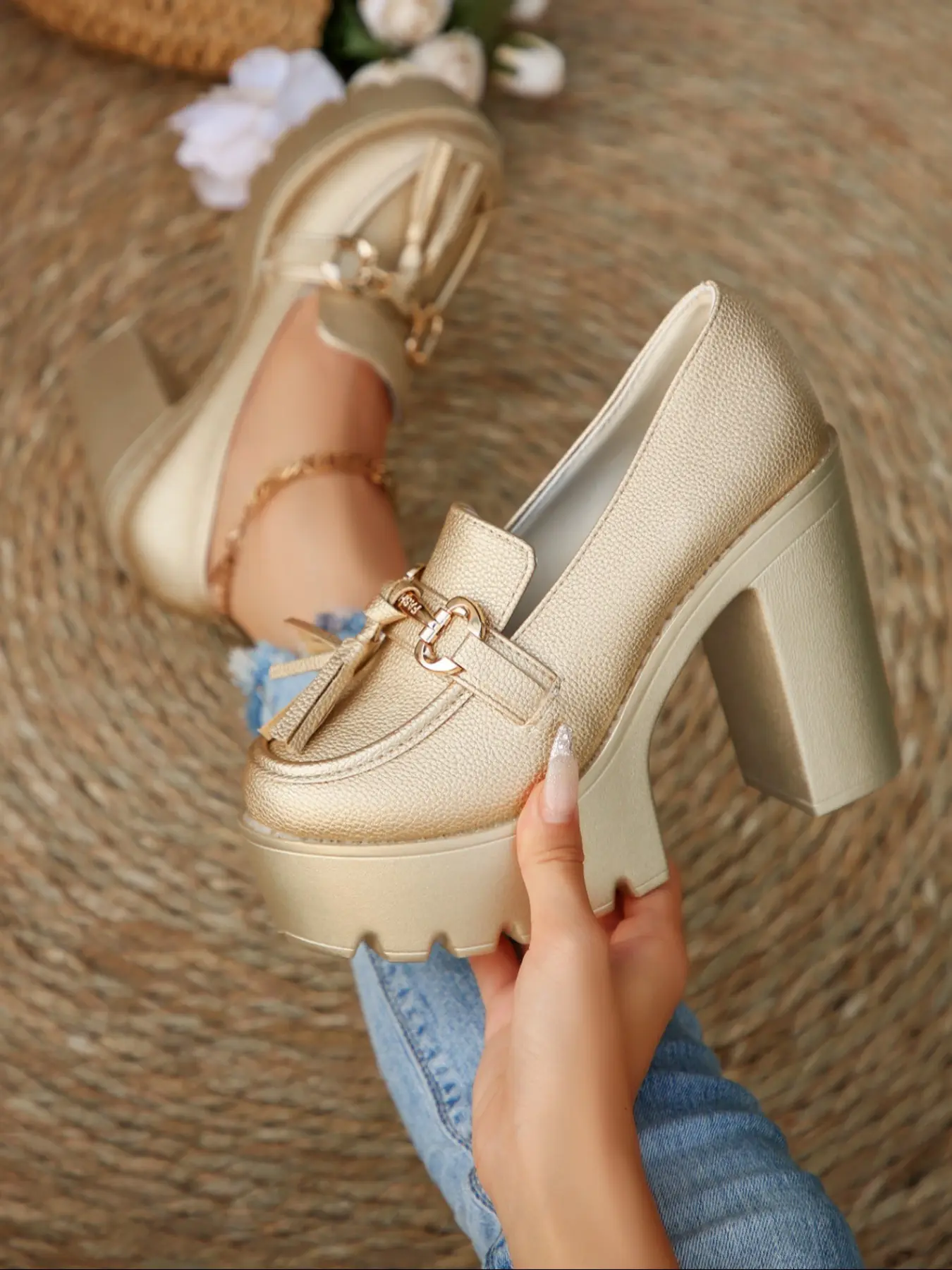 Amazon.com | qibusleen Women Beige Women Stylish Block Heels Pointed Toe Loafers Shoes Sexy Formal Shoes main image 1