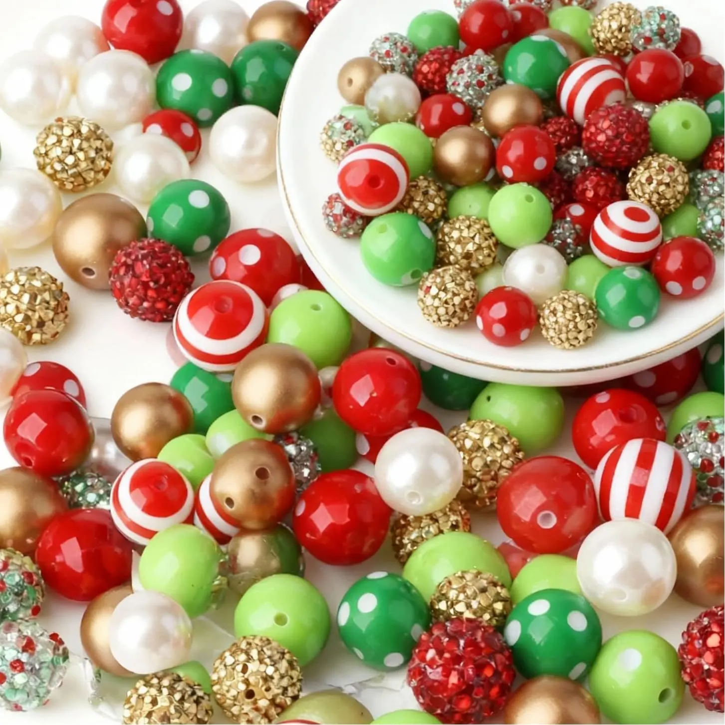 20mm  Christmas Bubblegum Beads Bulk in 12 Styles, 50 count  Plastic Spacer Gumball Loose Bead Xmas Chunky Beads for DIY Crafts (Red and White, Green 03)