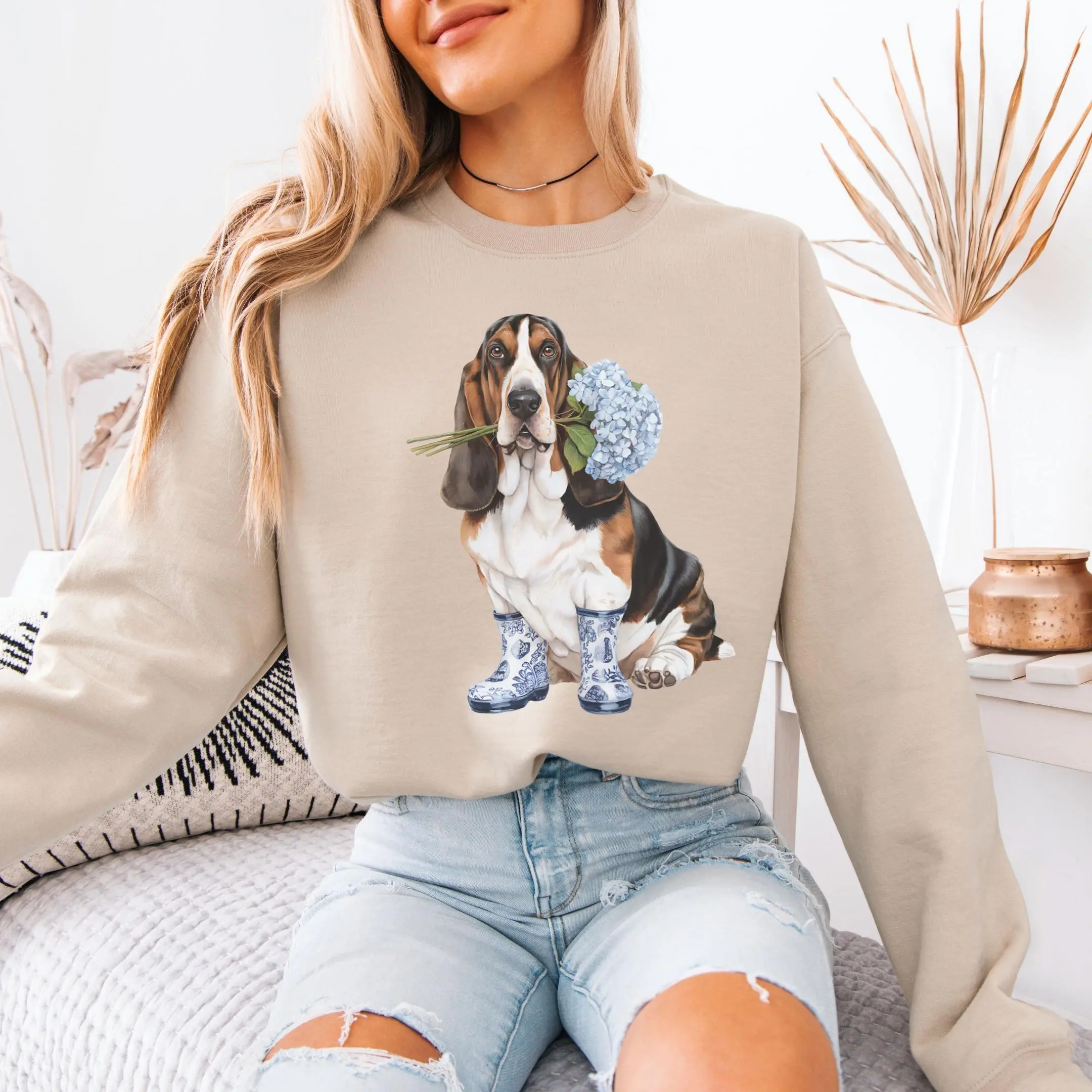 Floral Basset Hound T-Shirt / Sweatshirt / Hoodie - Chinoiserie Basset Lover Gift, Coquette Basset Teacher Top, Cotton Fabric