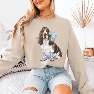 Floral Basset Hound T-Shirt / Sweatshirt / Hoodie - Chinoiserie Basset Lover Gift, Coquette Basset Teacher Top, Cotton Fabric