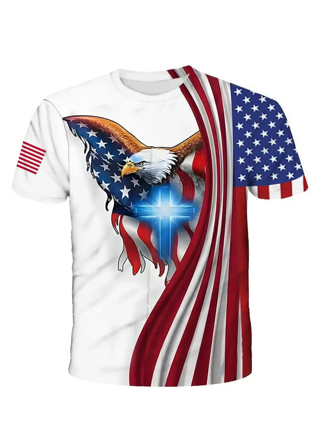 Men's Regular Fit Eagle & Cross & American Flag Print Round Neck Tee, Casual Comfy Short Sleeve 4th of July T-shirt for Daily Wear, Men's Summer Cloth