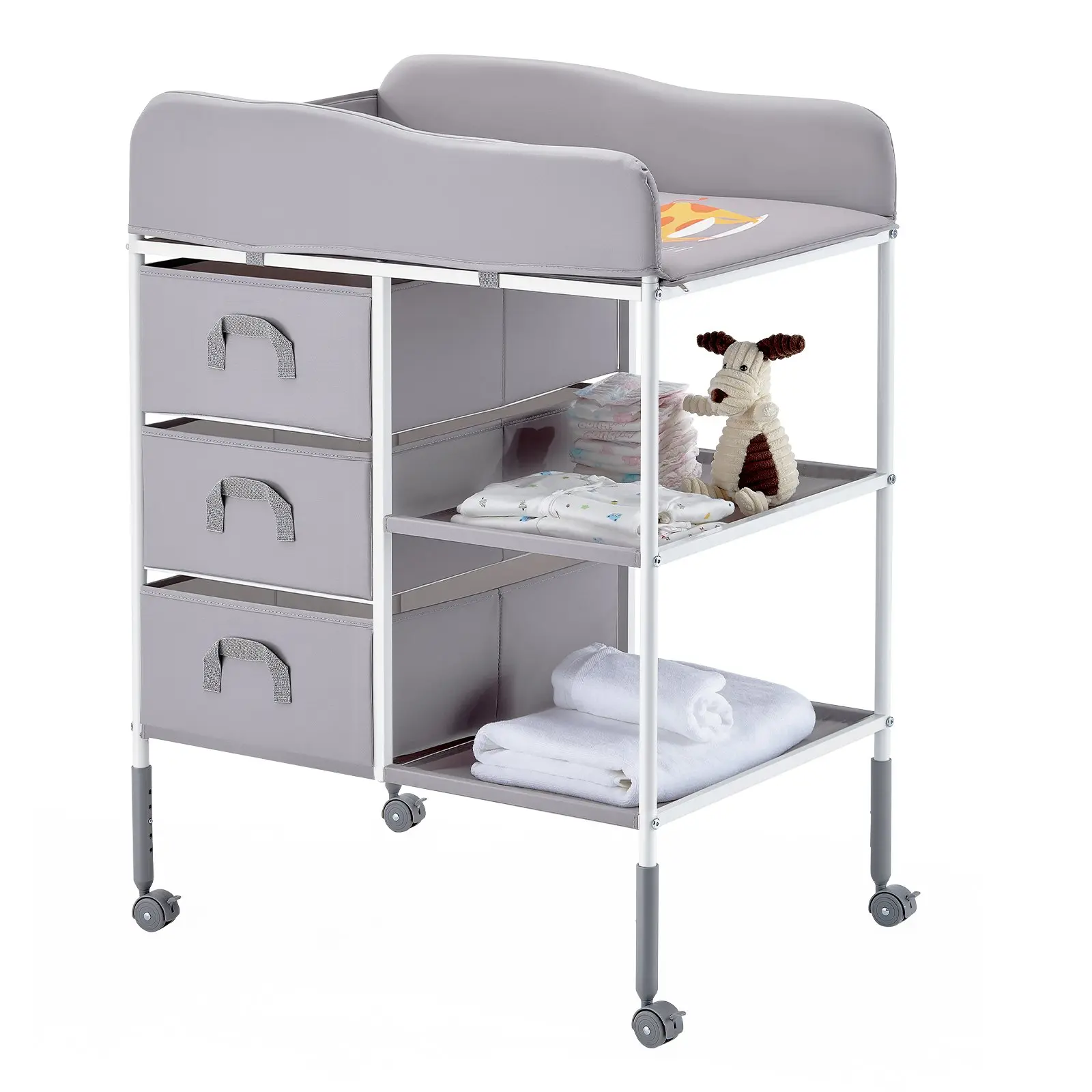 VEVOR Baby Changing Table - 5-Level Adjustable Height, 360-Degree Lockable Wheels, 360° Safety, 3 Gray Oxford Fabric Drawers, Raised Edges, 18.41 lbs, 755x510x(1000-1075)mm Portable Diaper Nursery Storage Organizer
