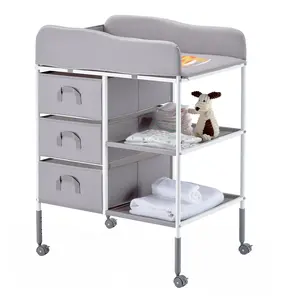 VEVOR Adjustable Baby Changing Table, Portable 5-Height Levels Diaper Station with 3 Oxford Fabric Drawers, Lockable Wheels, Storage Organizer, Multi-Functional Gray Nursery Table