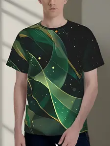 Men'S 3D Printed T-Shirt Deep Green Emerald Abstract Flowing Ribbons with Glowing Golden Lines Cosmic Starry Pattern Short Sleeve Casual Tee for Parties And Daily Wear - Edgy Digital Art Design S-3XL