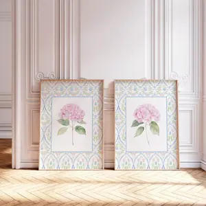 Set of 2 Pink Hydrangea Prints,  Hydrangea Print, Grand Millennial Art, Botanical Art, Blue Pink,| Frameless Poster