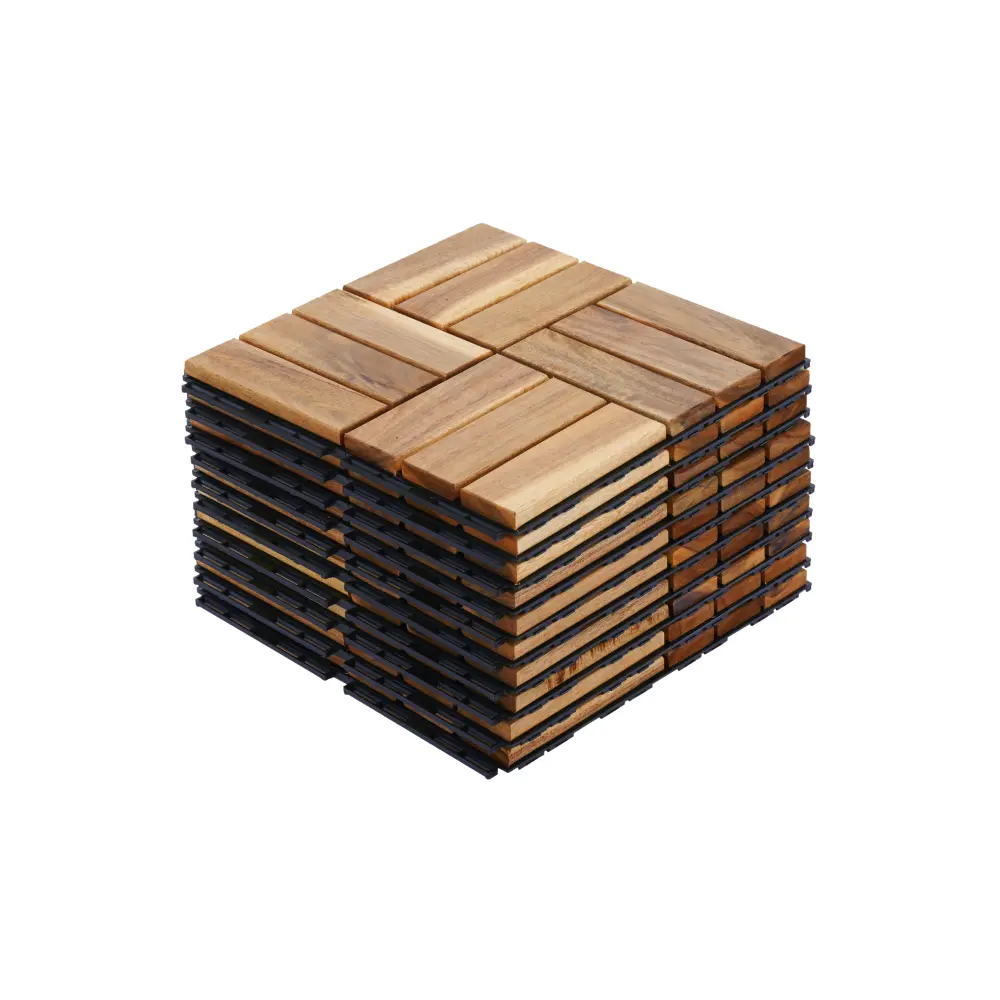 10 PCS Interlocking Acacia Hardwood & Plastic Deck Tiles, 12"x12" Square Checker & Wood Grain Pattern, 0.75in Yellow Waterproof Outdoor Flooring for Patio, Balcony, Porch, Swimming Pool