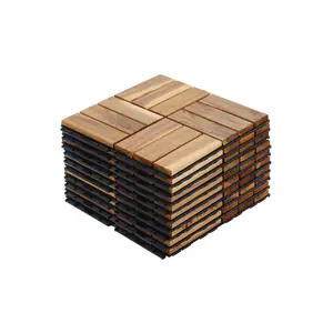 10 PCS Interlocking Deck Tiles Checker Pattern 12" x 12" Square Yellow Acacia Hardwood Outdoor Flooring for Patio Bancony Pool Side Waterproof Anti Mildew Mold