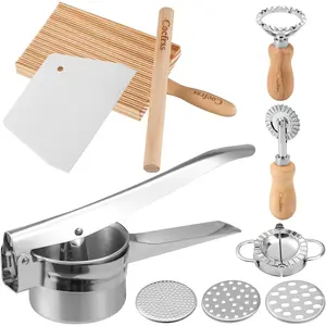 7 Pcs Potato Ricer & Gnocchi Board Kit with Dough Scraper, Ravioli Cutter, Empanada Press, Round Ravioli Mold, Ravioli Rolling Pin, Stainless Steel Ricer for Mashed Potatoes