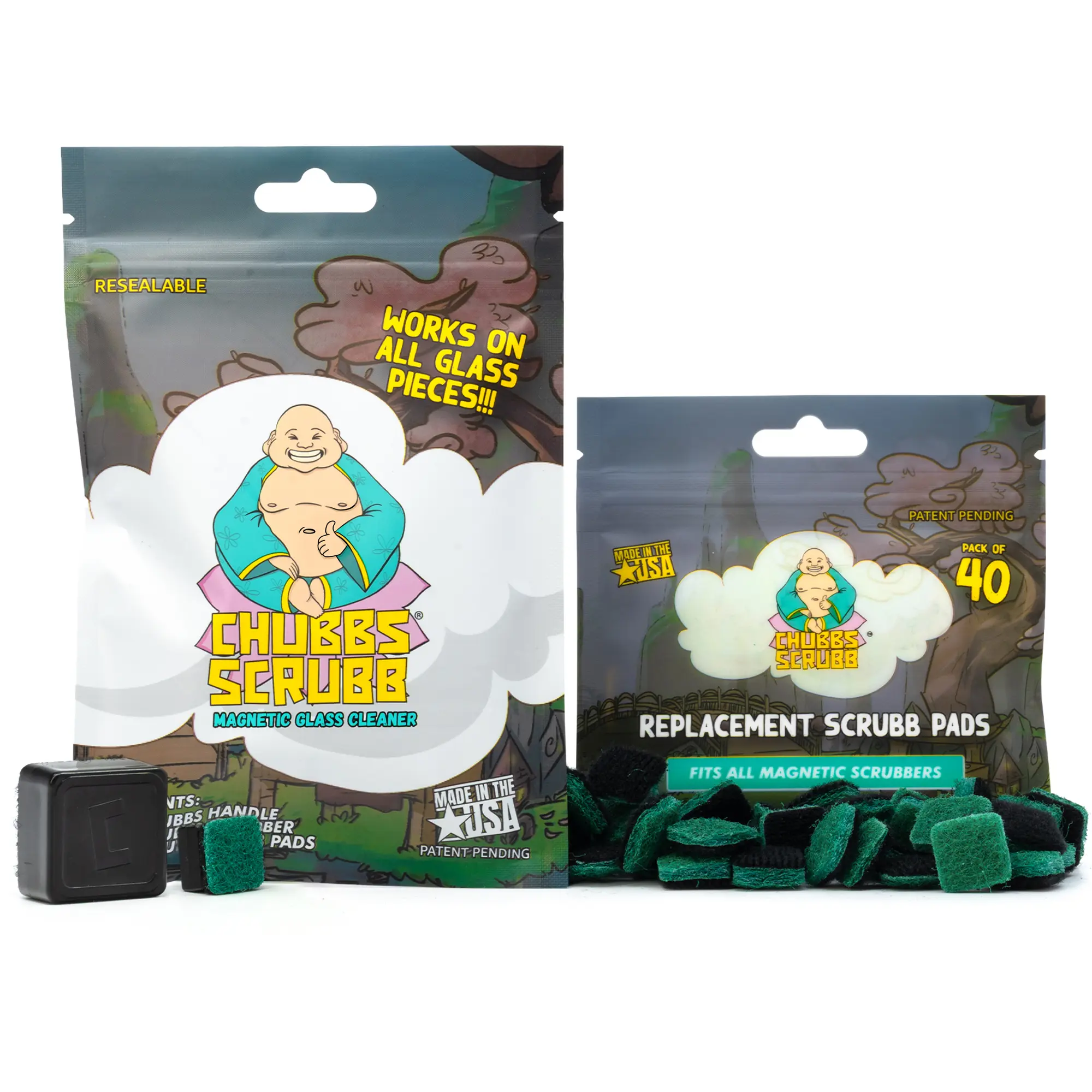 Chubbs Scrubb Magnetic Glass Cleaner Bundle - Includes Magnet Glass Cleaner Cleaning Scrubber Tool and 40 Replacement Scrub Pads Kit Pack