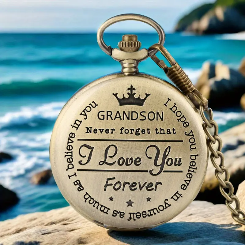 Men's Luxury Engraved "I Love You" Round Alloy Metal Pocket Watch Necklace with Hook Chain, Non-Waterproof Christmas Gift for Son