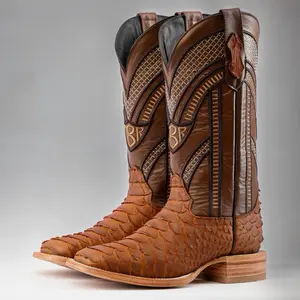 Matte Tan Jumbo Python Print Leather Boots - Square Toe