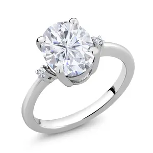 Gem Stone King 925 Sterling Silver Gemstone Birthstone and White Moissanite Accent 3-Stone Ring for Women | 10X8MM Oval with 1.5MM Accents | Fine Jewelry for Engagement Wedding Anniversary Promise | Sizes 5-9