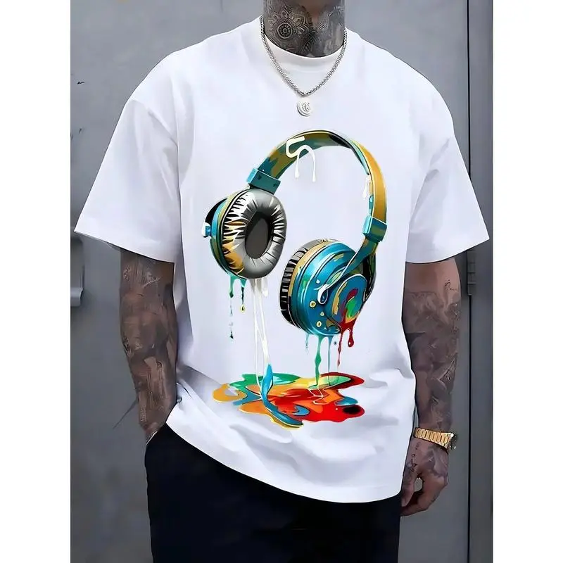 Men's Navy Blue Graphic Tee with Vibrant Headphone Print Thick Cotton, Casual & Trendy, Short Sleeve Crew Neck T-Shirt, Machine Washable for Summer Fashion, Street Fashion Tee    Graphic Print Shirt    Durable Casualwear graphic tee