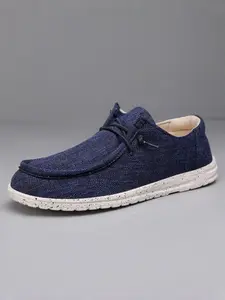 Women's Navy Blue Lace-Free Breathable Canvas Shoes, Wavy Lining Soft Cushioning Slip-On, Anti-Slip Low-Top Casual Walking Shoes, Ideal for Daily Commute and Short Trips