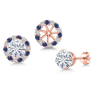 Gem Stone King 18K Rose Gold Plated Silver Forever Classic Moissanite Earrings with Jackets For Women | 1.60 Cttw | Gemstone Birthstone | Round 6MM