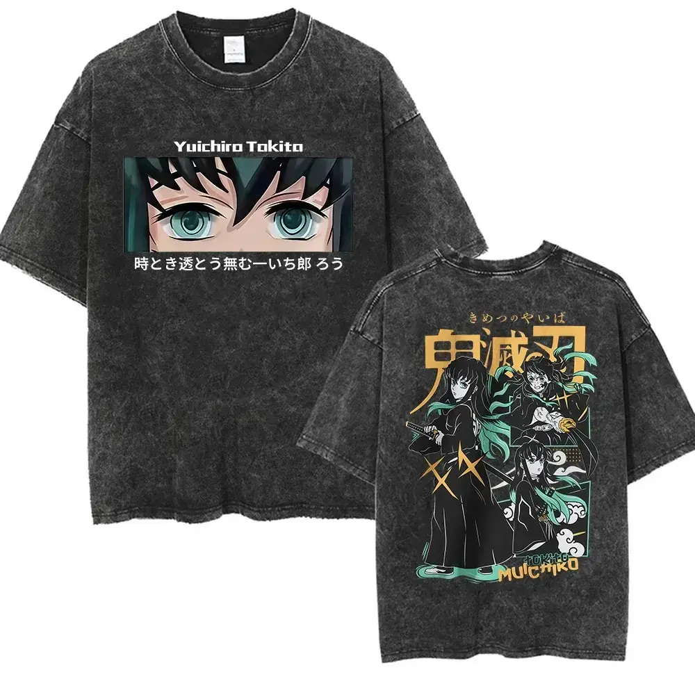valentine shirts Anime Muichiro Tokito Graphics T Shirt Unisex Clothing Vintage Washed T-shirts Casual Oversized Short Sleeve T Shirts Streetwear Apparel